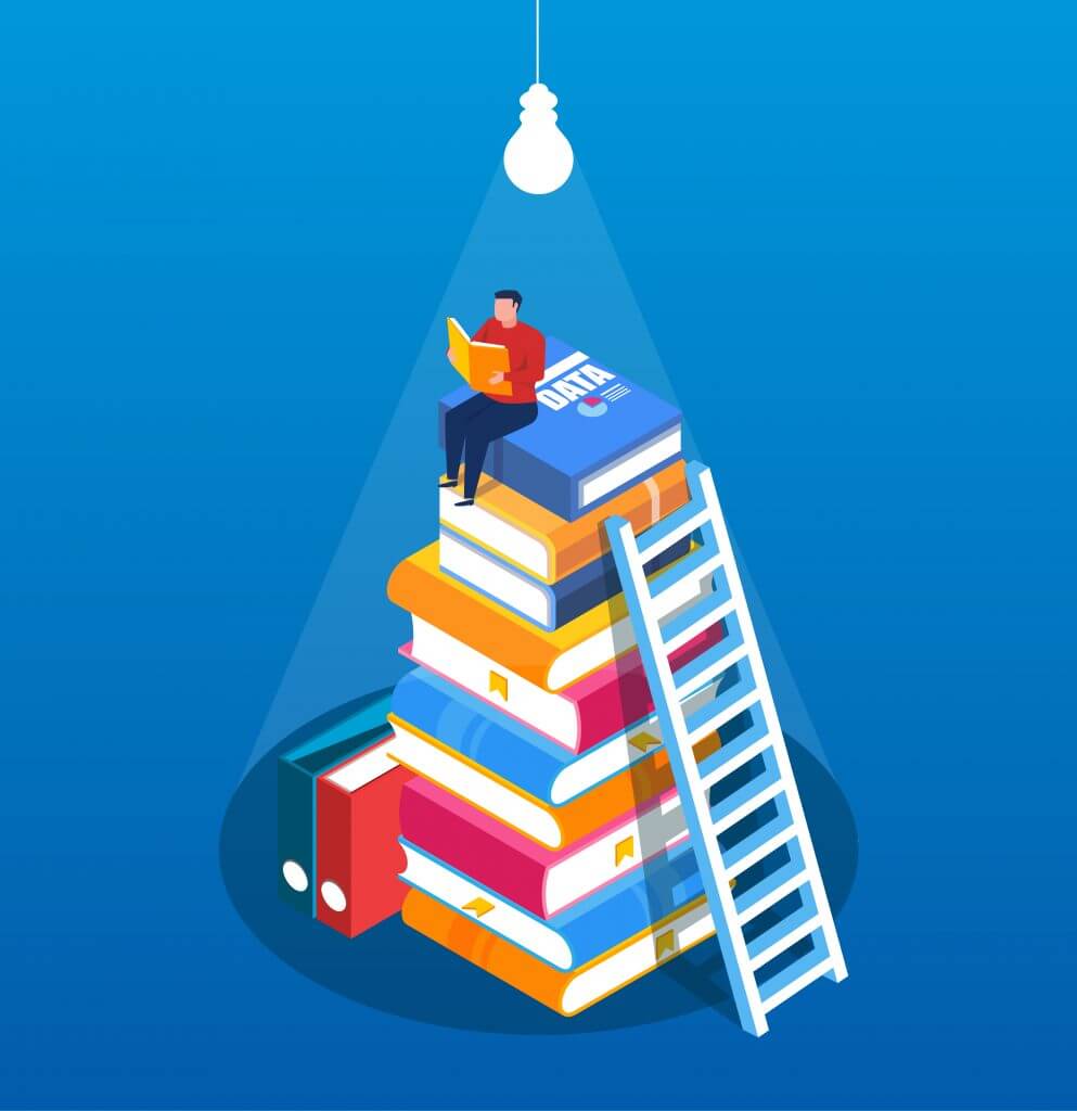 Artwork of a man sitting on a stack of books under a light bulb.